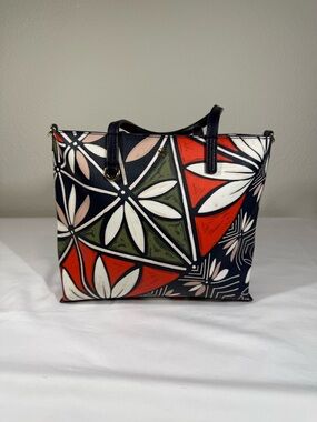 Tory Burch Navy Floral Geo Tote with Red and Olive Accents